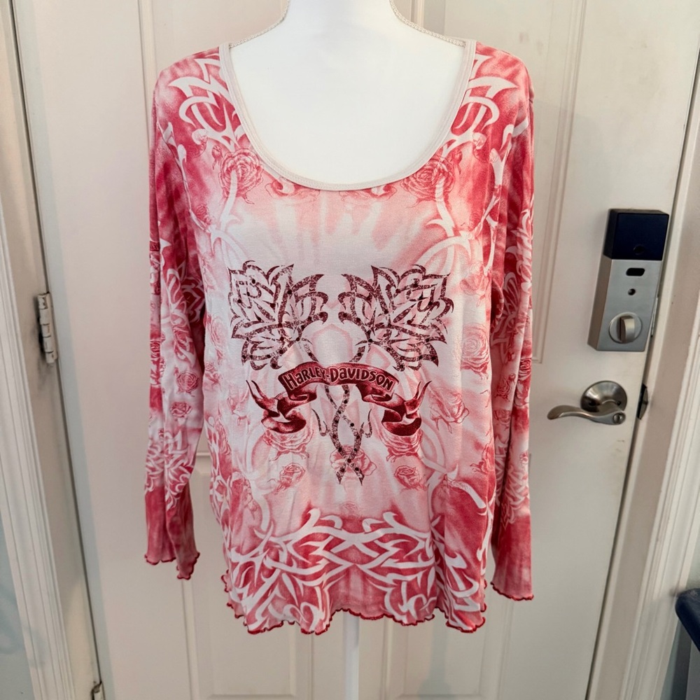 Harley-Davidson Rose Graphic Tee 2XL | Red White Y2K Rhinestone